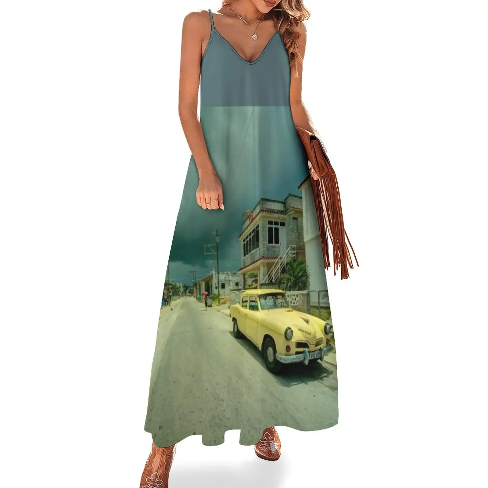

Yellow storm car Sleeveless Dress Women's summer long dress Female clothing party dress women elegant luxury