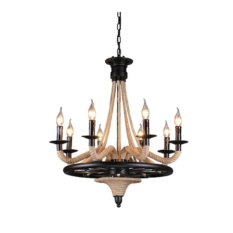 

Loft Retro Hemp Rope Chandelier Nostalgic American Industrial Pendant Lamp Restaurant Living Room Bar Internet Cafe Light