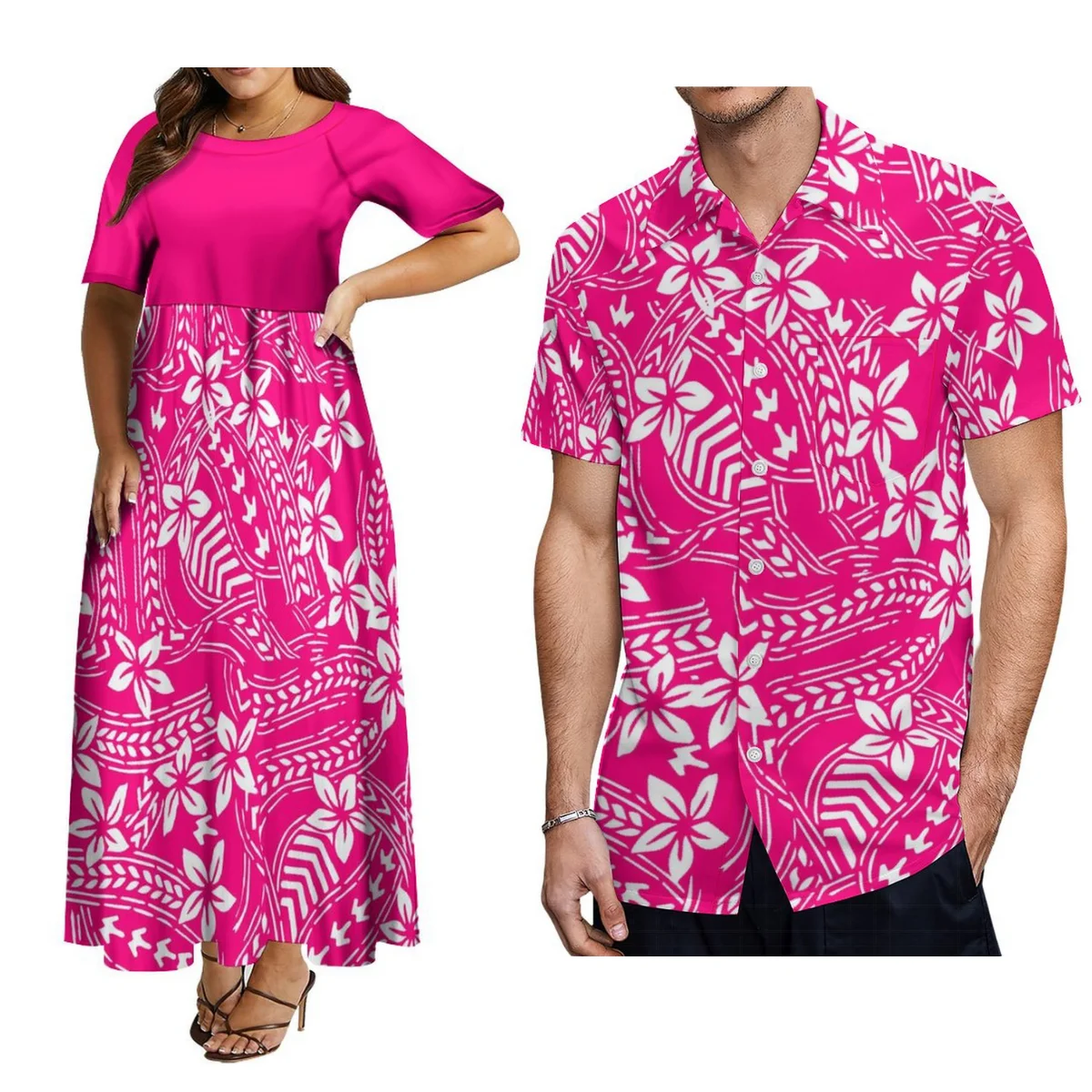 

Hawaiian Floral Theme Women'S Crew Neck Dress And Men'S Short Sleeve Shirt Polynesian Design Print