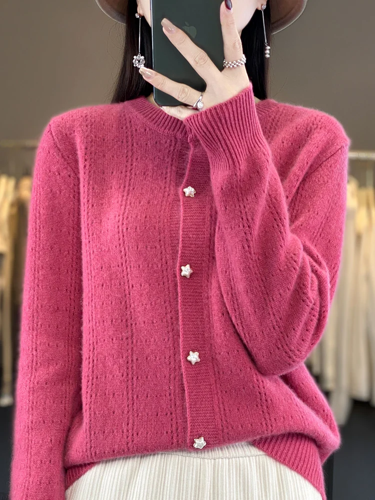 2023 New Autumn Winter Thick Cardigan For Women 100% Merino Wool Sweater Hollow O-Neck Long Sleeve Warm Cashmere Knitwear Tops