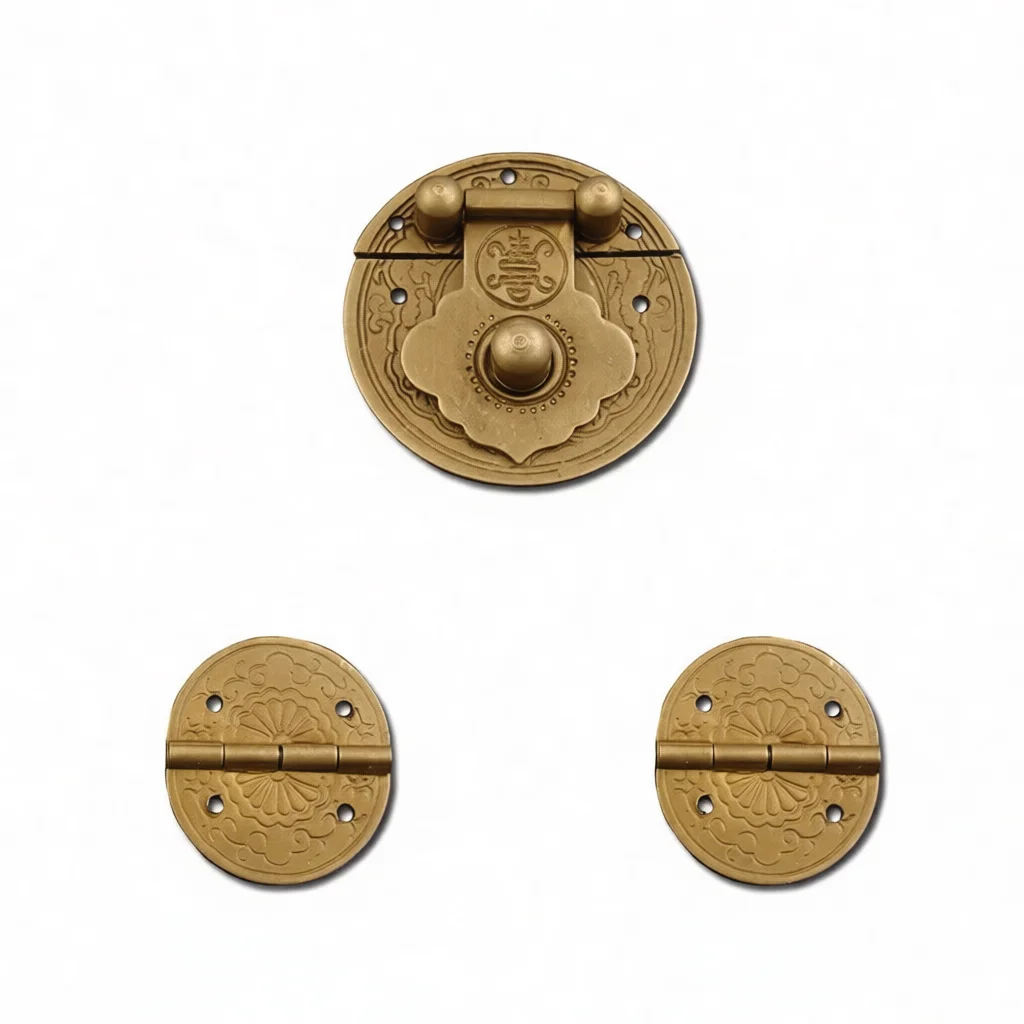 Traditional Chinese Brass Hardware Round Buckle Hinge Antique Jewelry Wood Box Decorative Furniture Cabinet Accessory Kit