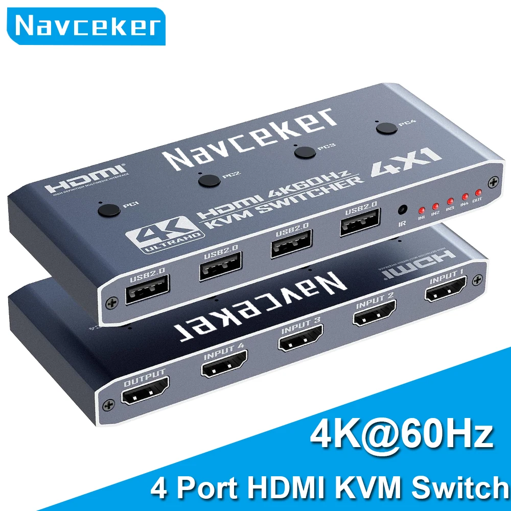 

Navceker 2K 120Hz 4X1 HDMI KVM Switcher 4 Port 4K USB HDMI KVM 4 PC Switch 144Hz Docking Station Share 1 Monitor Mouse Keyboard