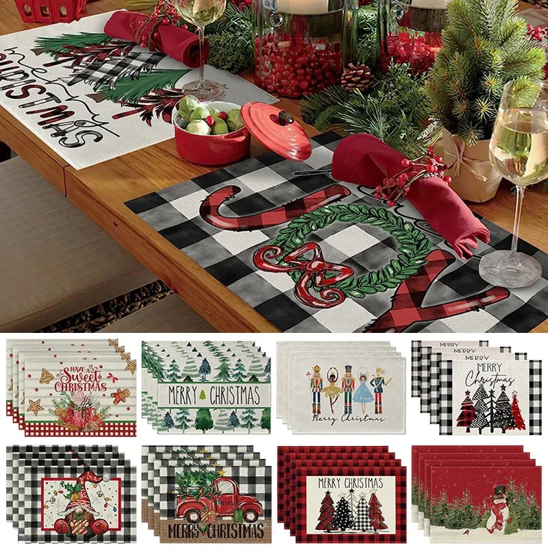 

4Pcs Linen Christmas Placemat Xmas Tree Elk Print Dining Table Mat Coaster Bowl Coffee Cup Pad Mat 2024 Navidad Home Decoration