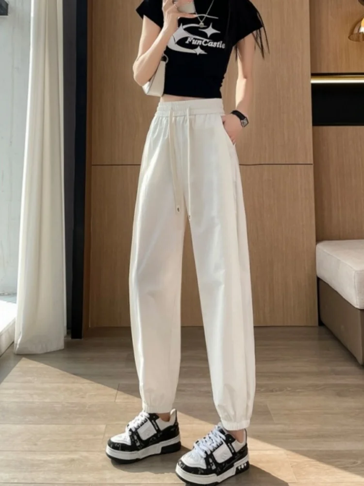 ホワイトアイスシルクハイウエストルーズフィット夏薄いスポーツパンツ女性のカジュアルクイドライストレートレッグパンツ通勤スレ