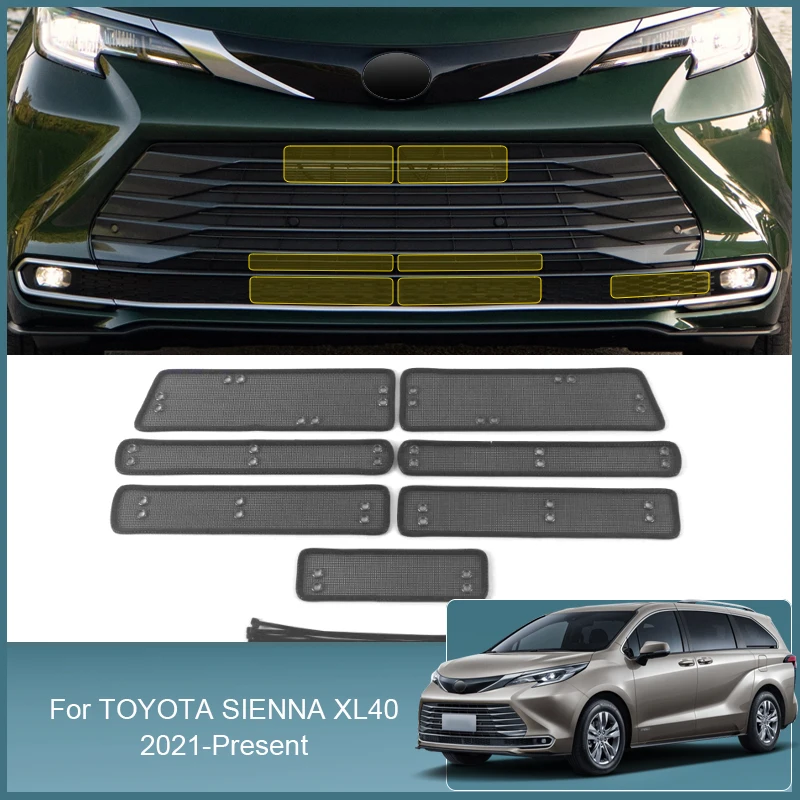 7pcs Car Insect Screening Mesh Front Grille Insert Net Stainless Steel For Toyota SIENNA XL40 2021-2025 Auto Accessories