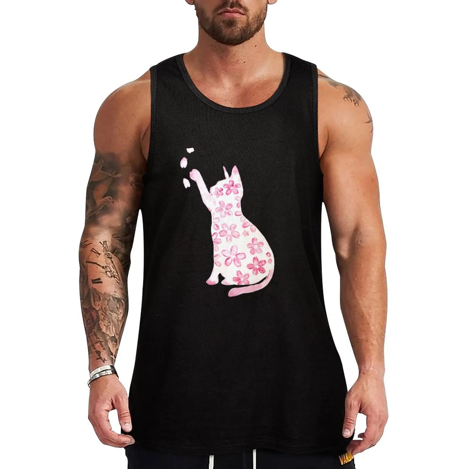 

hand painted pink cat and cherry flowers watercolor Tank Top plain t-shirt gym Men's t-shirts Gym clothes