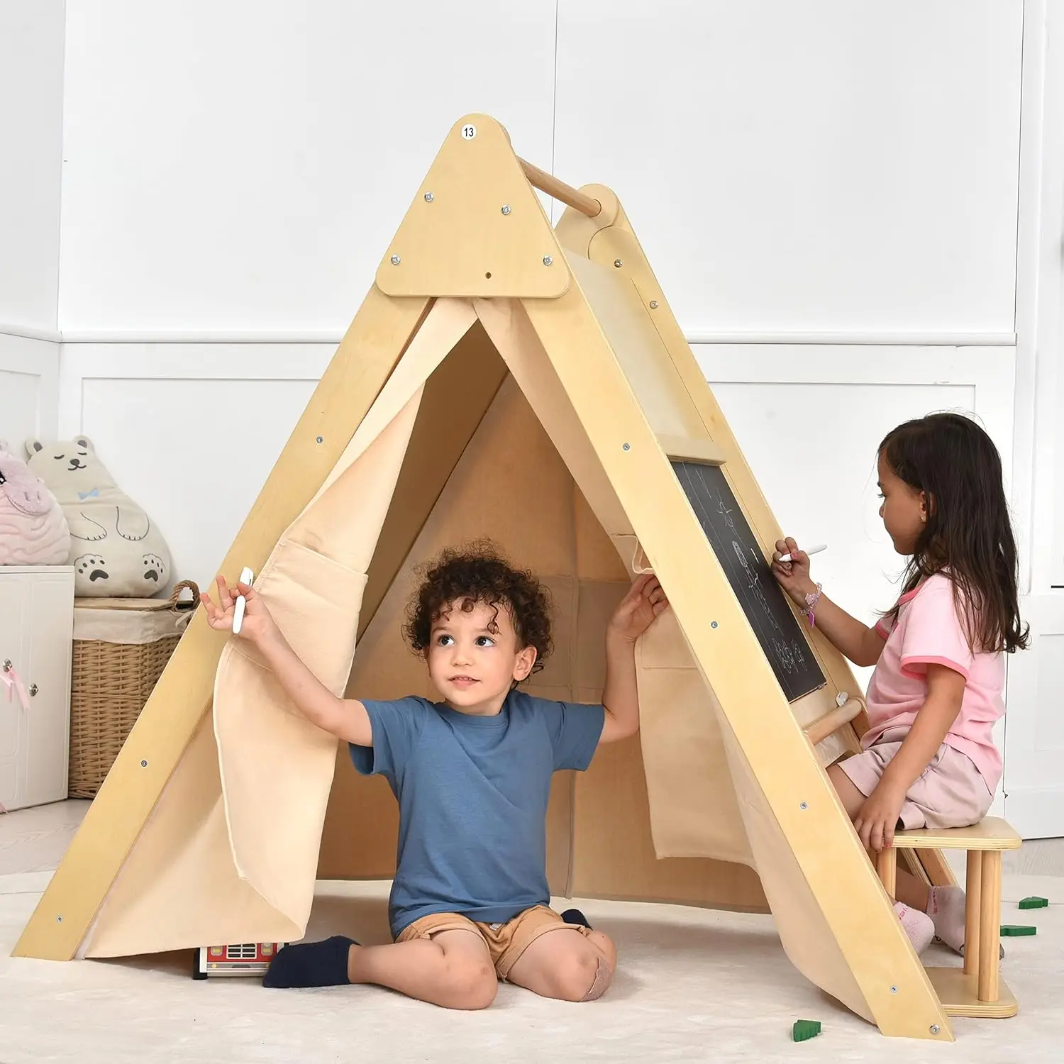 Oak Foldable Triangle Climber 5 in 1 Kids Playhouse Hideaway Montessori Learning Play Tent, Desk, Chair Stool, Art Easel, Chalkb