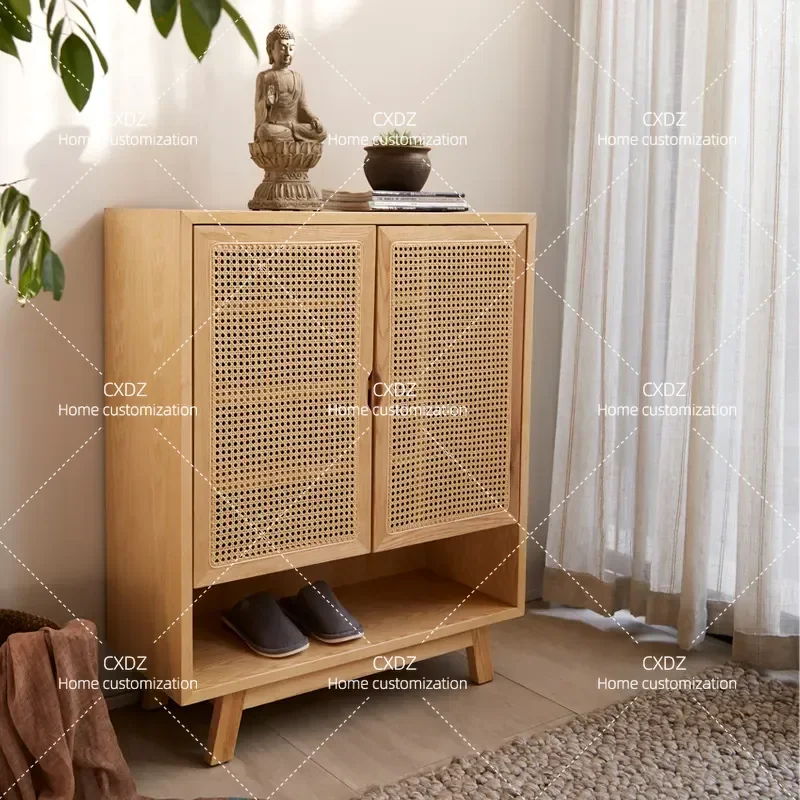 Solid Wood Rattan Shoe Cabinet Modern Simple Multi Layer Storage Locker Large Capacity Household Entryway Organizer Nordic
