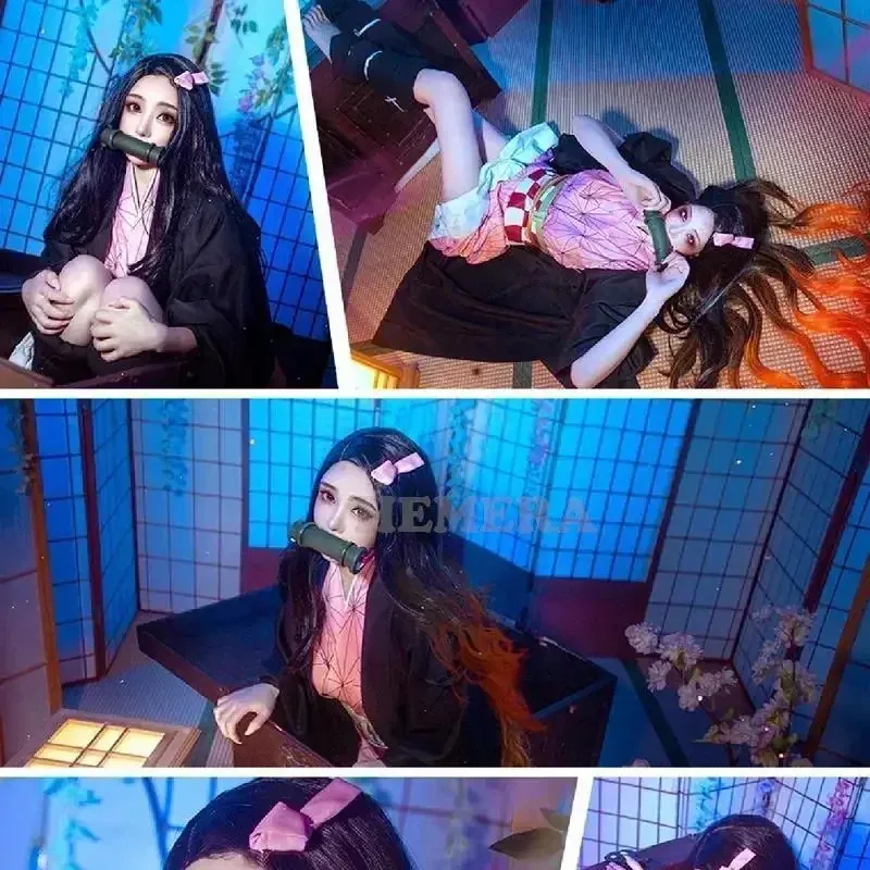 A Litter Of Bears Cosplay Costume Anime Kimono Kamado Nezuko Wig Uniform Halloween Women Kids Clothes 2025 New