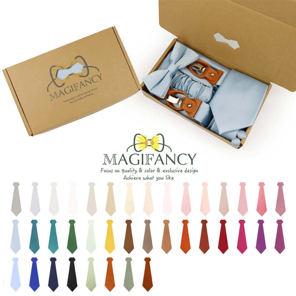 MAGIFANCY 5 قطعة الحمالة 8.5cmTie مجموعة الملونة الصلبة 3.5 سنتيمتر هدفين الرجال البوليستر حكيم السلمون الوردي الزفاف اليومي ملحق هدية