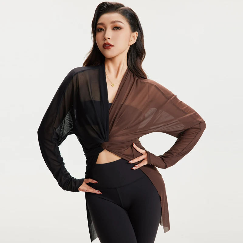 

Adults Spliced Color Latin Dance Training Top Women Mesh Latin Dance Tops Female Long Sleeves Ballroom Dance Strap Shirt SL15701