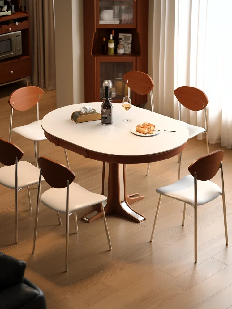 

i5.15 Rock Slab Extendable Dining Table Vintage Style Round Solid Wood Small Apartment Round Table Living Room Folding