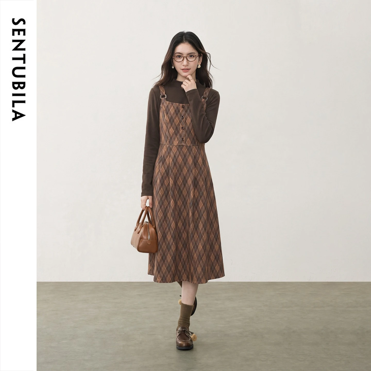 SENTUBILA Women Vintage Two‑Piece Set Long Sleeve Mock Neck Knitted Base Top A‑Line Pinafore Dress Atmospheric Outfit W63ZB9025