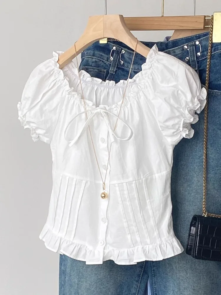 

Korean Sweet White Puff Sleeve Blouses 2025 Sumemr New All-match Blusas Mujer Y2k O-neck Lace Up Single Breasted Shirt Women