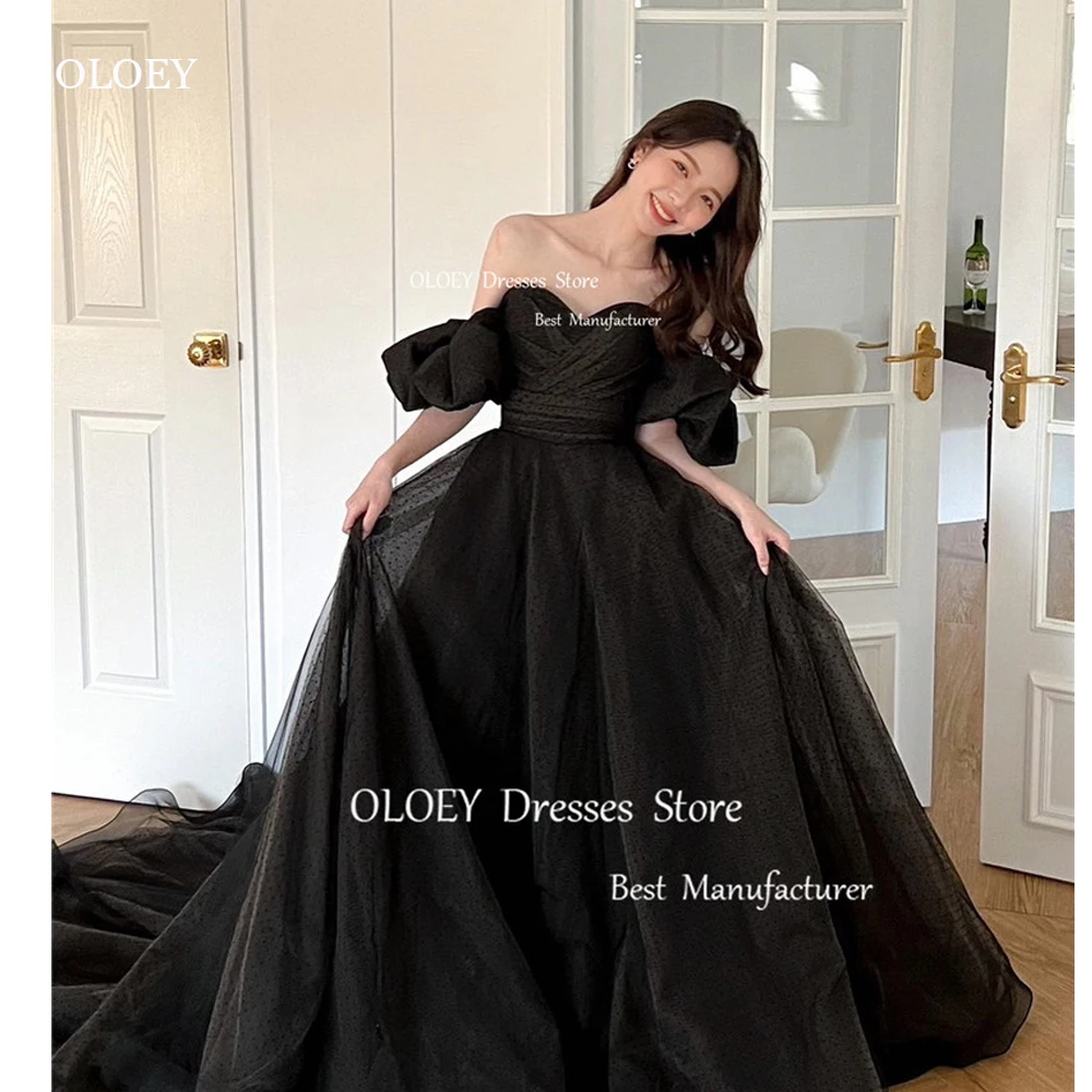 OLOEY Black Dotted Tulle Black Evening Dresses Korea Wedding Photoshoot Sweetheart Puff Short Sleeves Corset Back Party Gowns