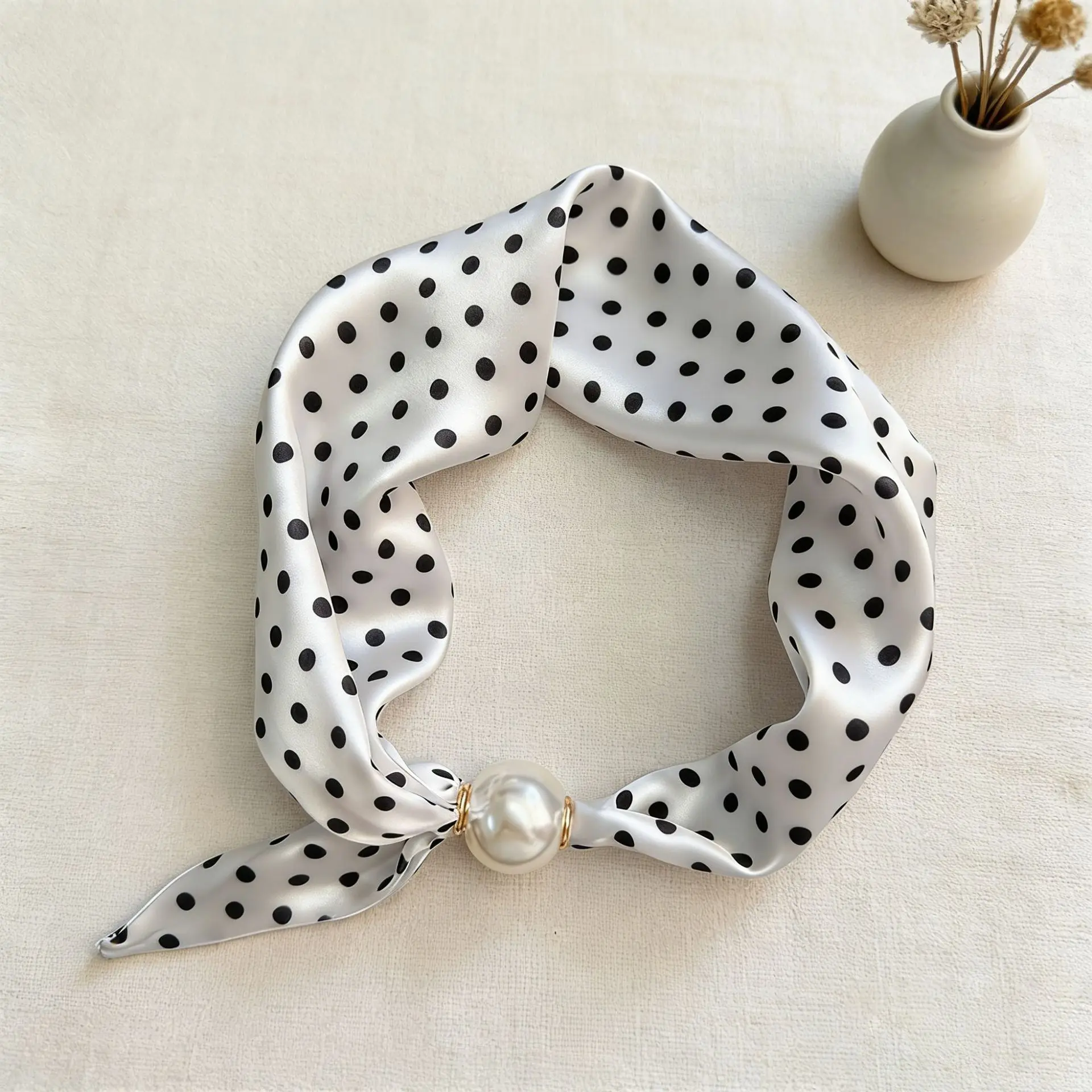 Modische Perlen-Magnetverschluss-Schals für Damen, Schicker Gepunkteter Leoparden-Druck Kurzer Seidenschal, Elegante Choker-Halsketten, Geschenk für Damen