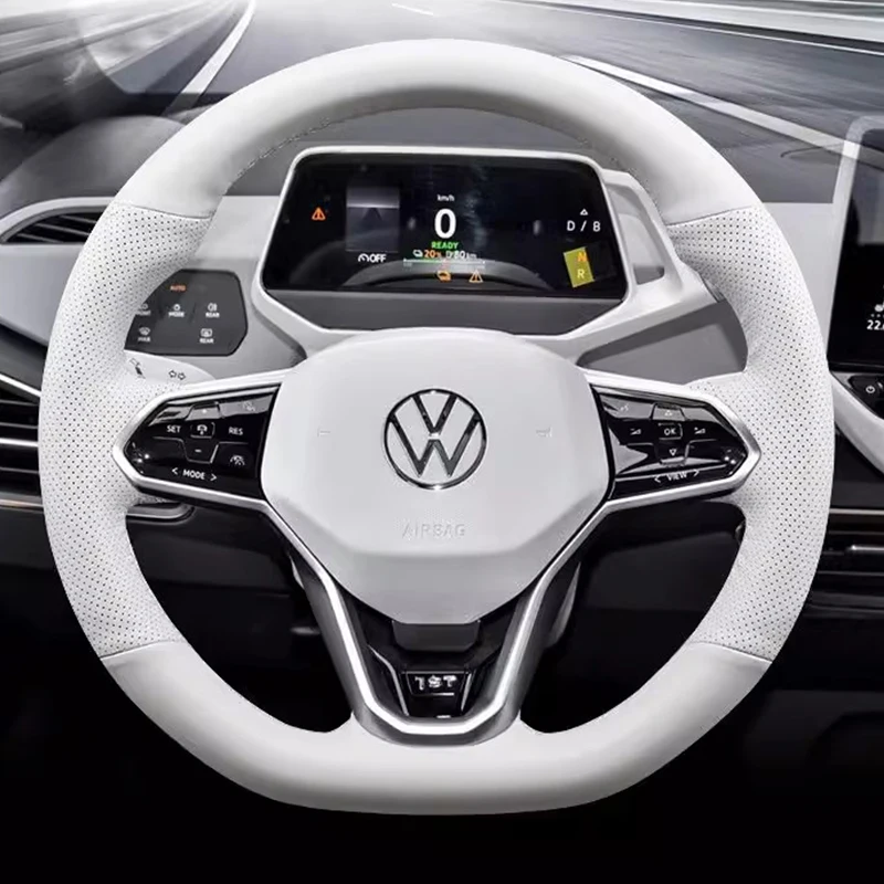 

DIY Hand-Stitched white Genuine Leather non-slip car Steering Wheel Cover For Volkswagen VW ID3 ID4x 2022 2023 Auto Interior