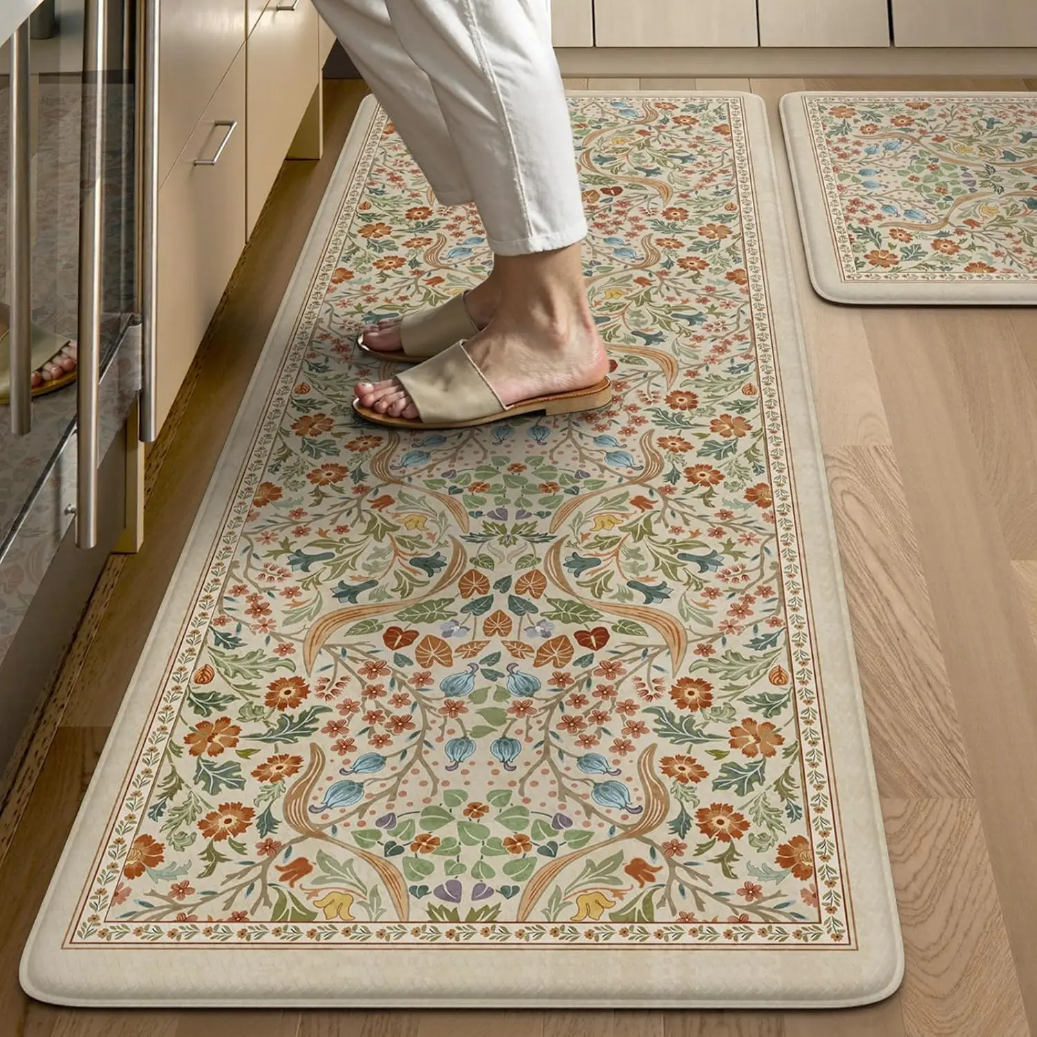 

Anti-Fatigue Kitchen Mats Set of 2, Waterproof Non-Skid Beige Floral Rugs for Office and Laundry