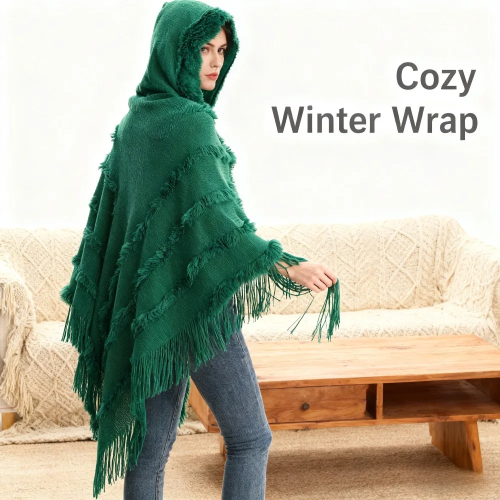 

Autumn-Winter Women's Knit Cape Western-Style Solid Color Hooded Pullover Shawl Sweater