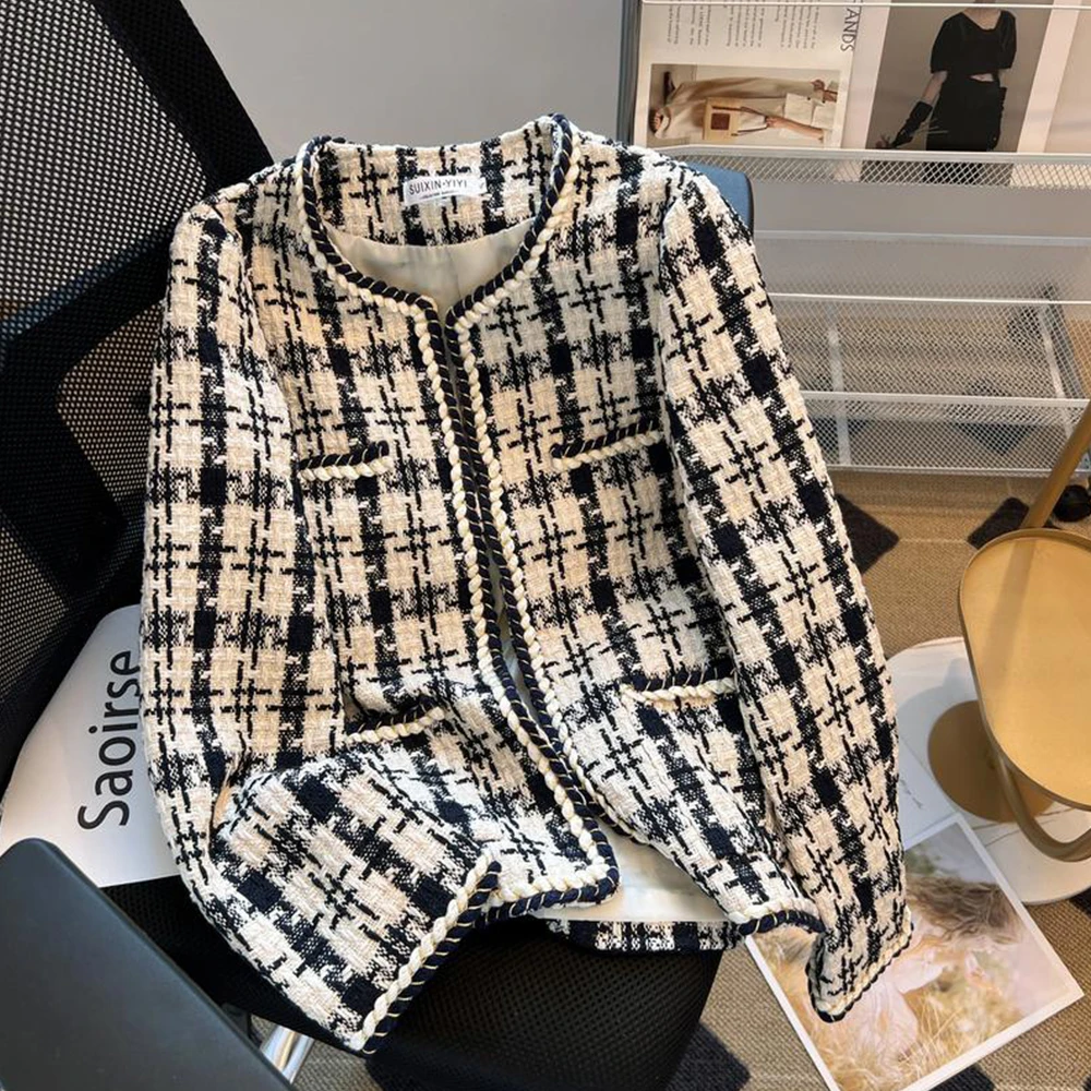 

2023 Elegant Weave Plaid Women Blazer With Pocket And Lining Autumn Winter Causal Tweed Coat Office Ladies Suit Jacket