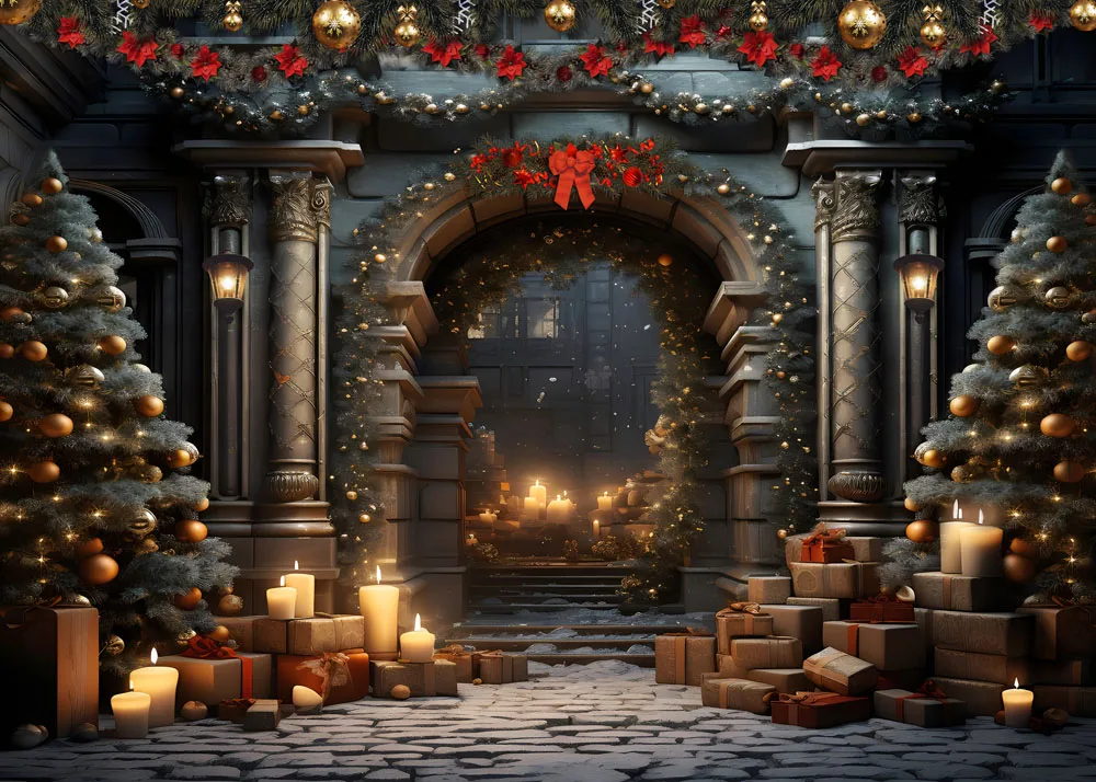 Mehofond ฉากหลังของการถ่ายภาพฉากหลังของปราสาทหิมะต้นคริสต์มาสวินเทจสำหรับเด็กครอบครัว