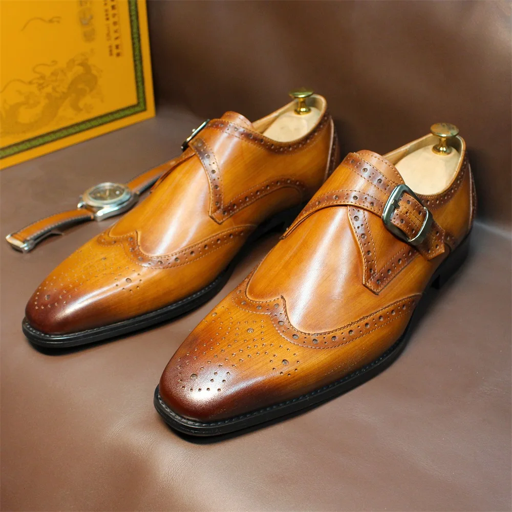Luxuriöse Herren-Loafer aus echtem Leder mit spitzer Zehenpartie und Schnalle, rahmengenähte braune und schwarze Büro-Formalkleiderschuhe für Herren – Detail 4