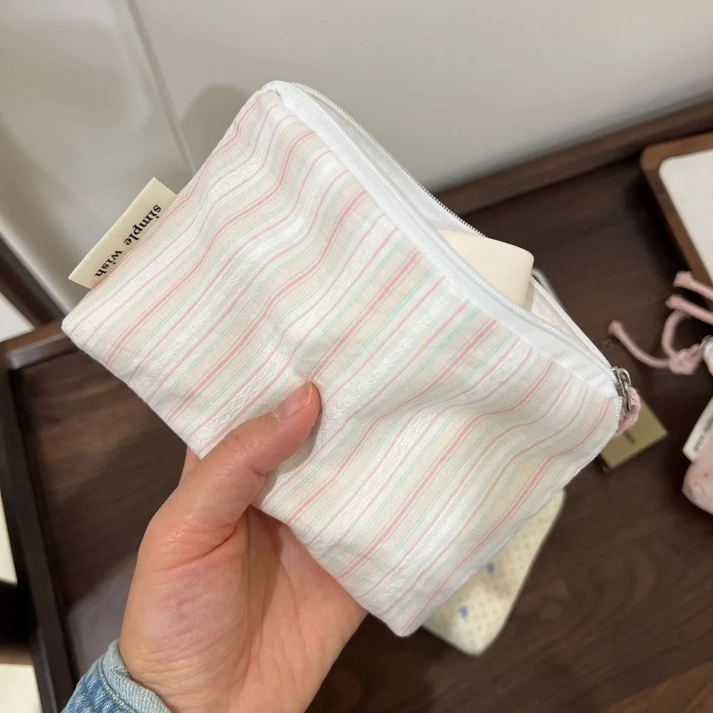 Cute Pink Striped Women Makeup Bag Mini Multi-functional Earphone Lipstick Storage Bag Portable Key Coin Purse Gift