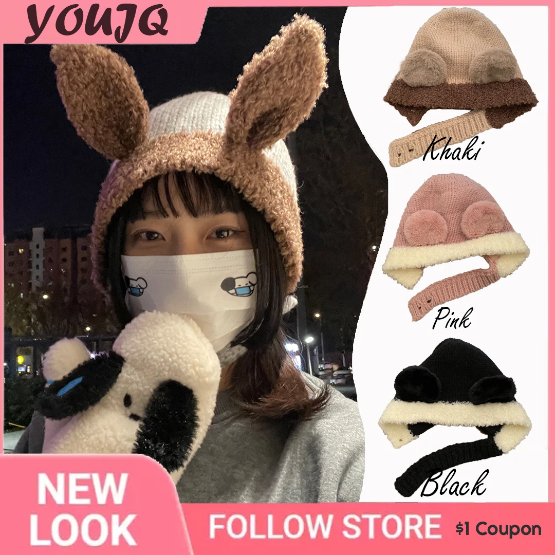 

Y2K Funny Rabbit Bear Ears Beanies Hats Women's Balaclava Bib Winter Knitted Hooded Hat Female Neck Scarf Windproof Pullover Cap