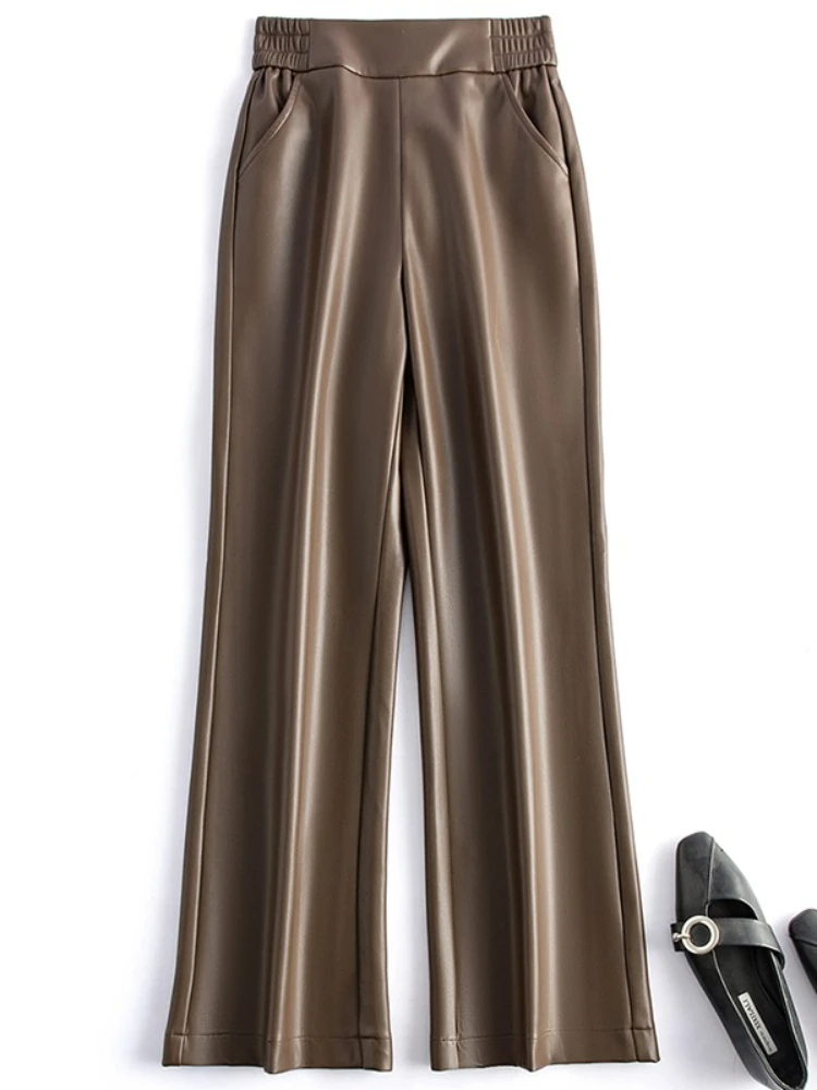 Women's elastic high waisted flared pants solid color fashionable and versatile 2025 autumn new versatile leather pants