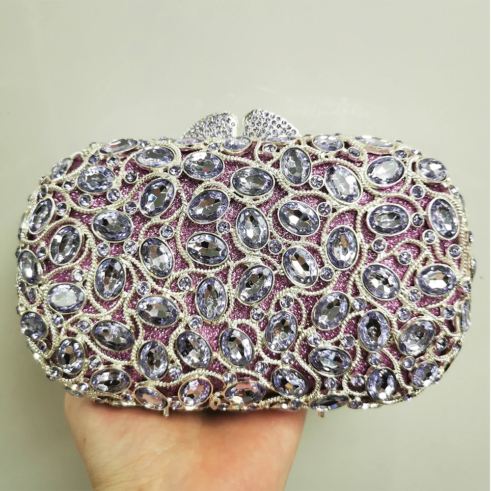 

Hollow Out Purple Rhinestone Handbag Stone Wedding Evening Clutches Designer Diamond Dinner Minaudiere Banquet Party Purses