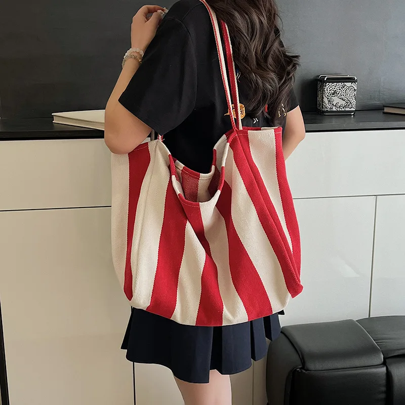 Sommerliche gestreifte Canvas-Tragetasche für Damen, lässig, große Kapazität, einfache Umhängetaschen, Einkaufshandtasche, tägliche Tragetasche – Detail 14