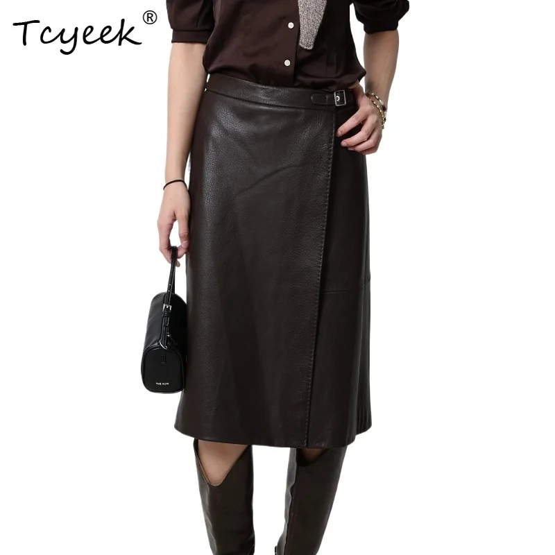 Tcyeek Real Leather Skirts for Women Vintage Elegant Sheepskin Women's Spring Autumn Clothes Fashion Skirts Falda Aesthetic