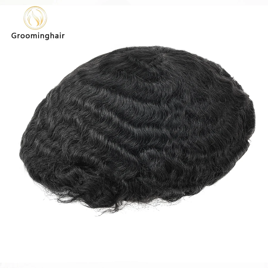 Hochwertiges 100 % reines Echthaar, Band-Haarverlängerung, 15 mm Wellen-Spitze, Afro-Kinky-Curl-Haut, volle Spitze, Toupet für Männer