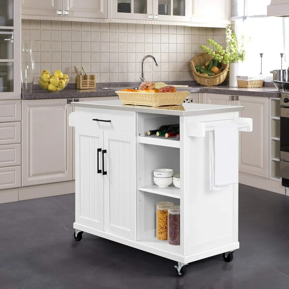 Kitchen Island Cart with Stainless Steel Top, Rolling Storage Cabinet on Wheels with Drawer & Wine Rack & Spice Rack, Sideboard