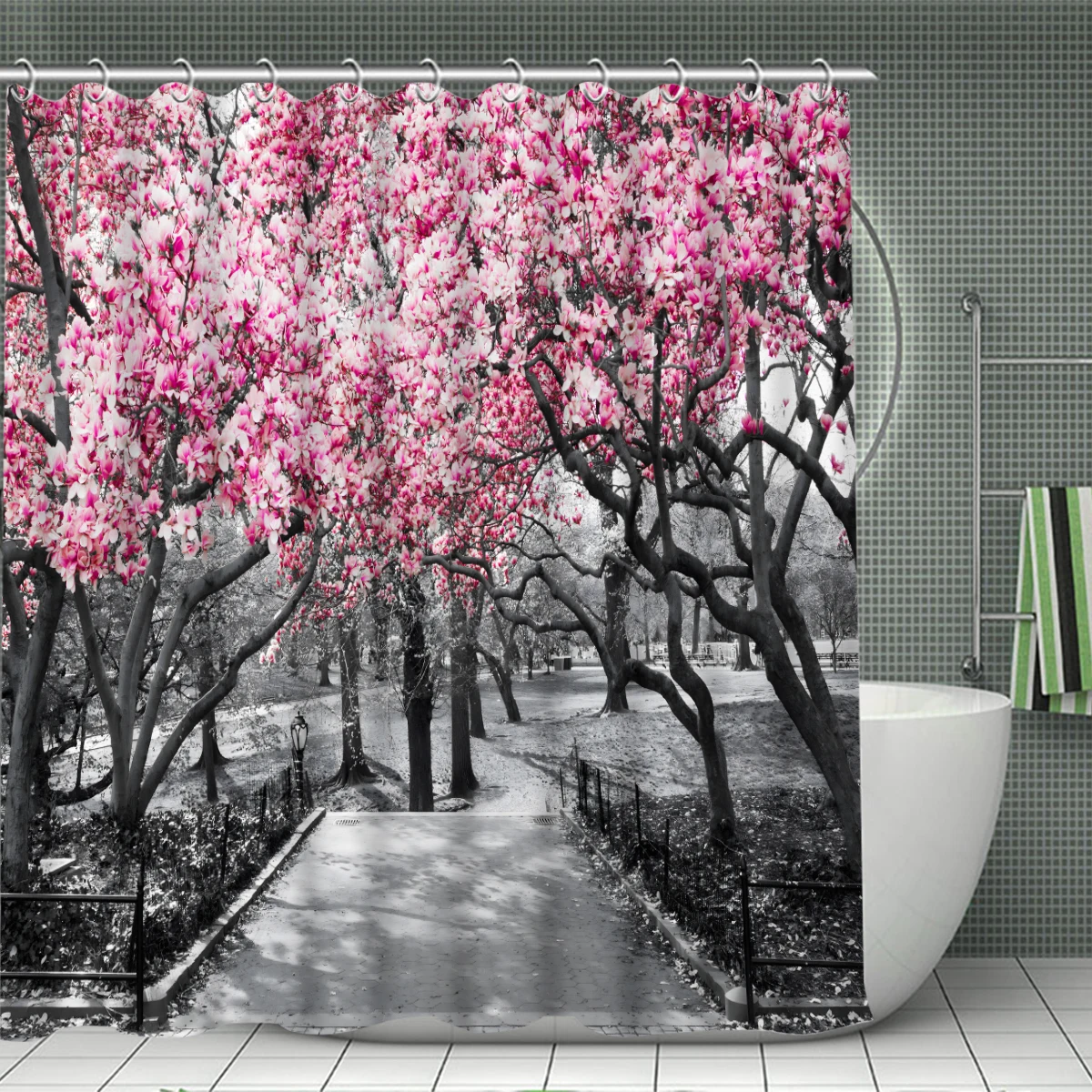 1/4 piece cherry blossom simple pattern waterproof shower curtain or waterproof anti-slip shower curtain set, free 12 hooks