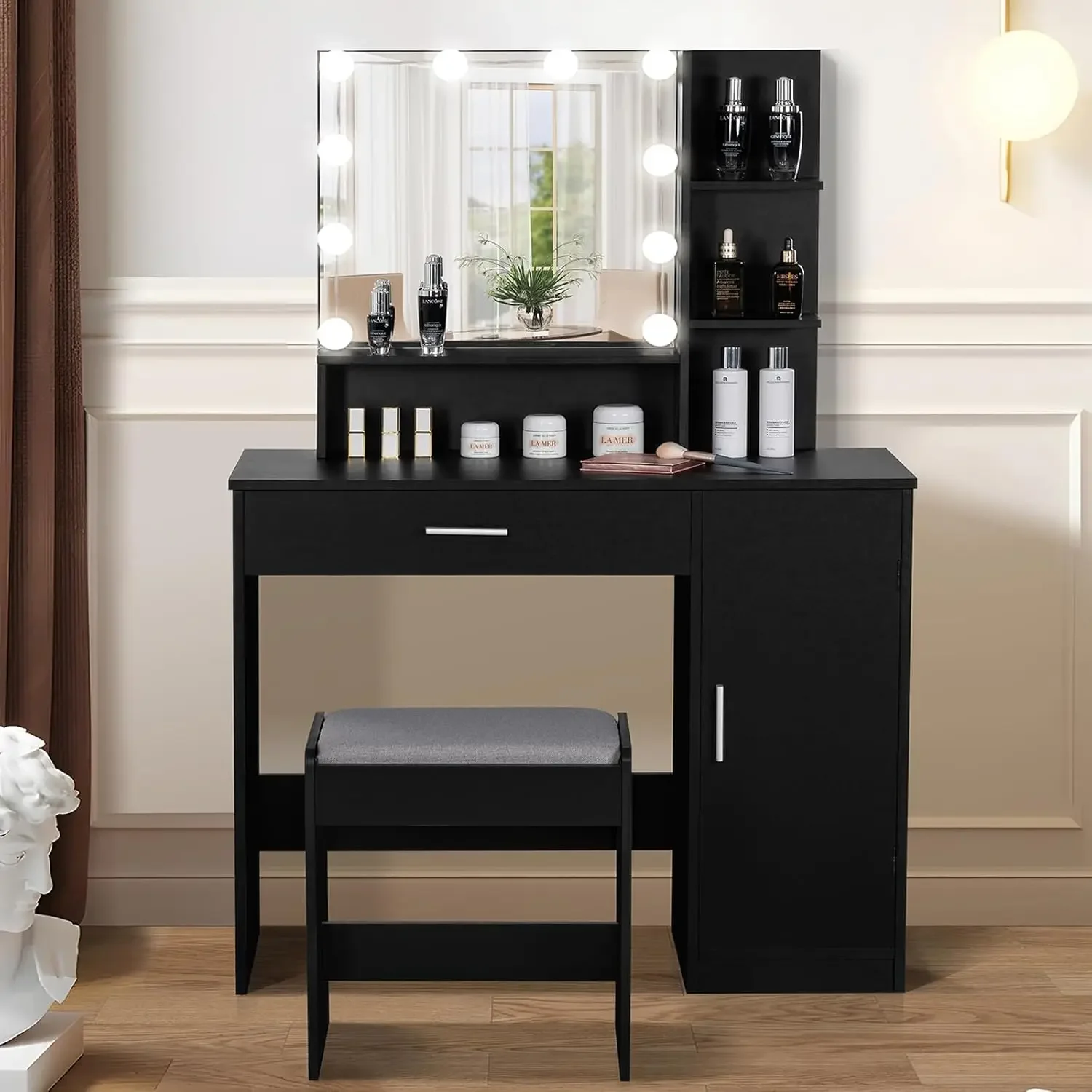 

Makeup Vanity Desk for Valentine's Day, Vanity Desk Set with 1 Drawer, 1 Cabinet & 3 Shelves, Makeup Vanity Table with Stool