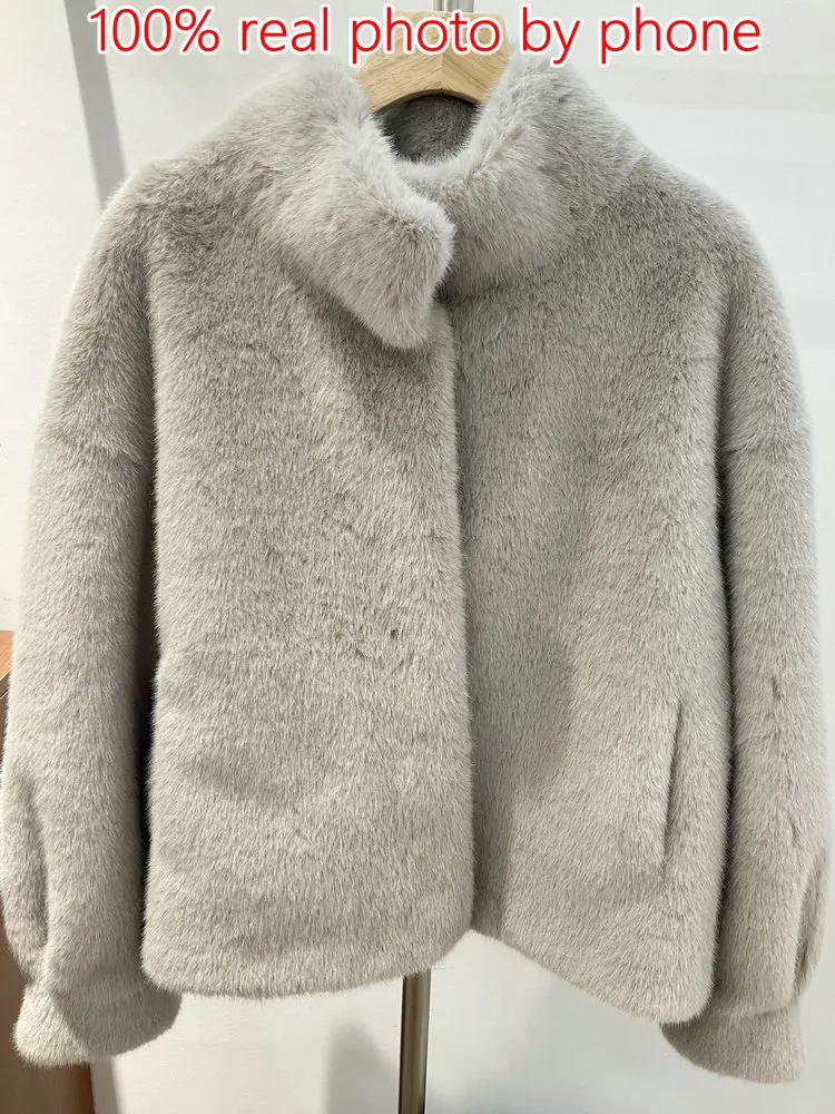 Fluffy Loose Faux Fur Jackets for Women, Female Luxury Coats, High Quality, Thick, Warm,Gray, Beige,Side Pocket, Elegant, Winter