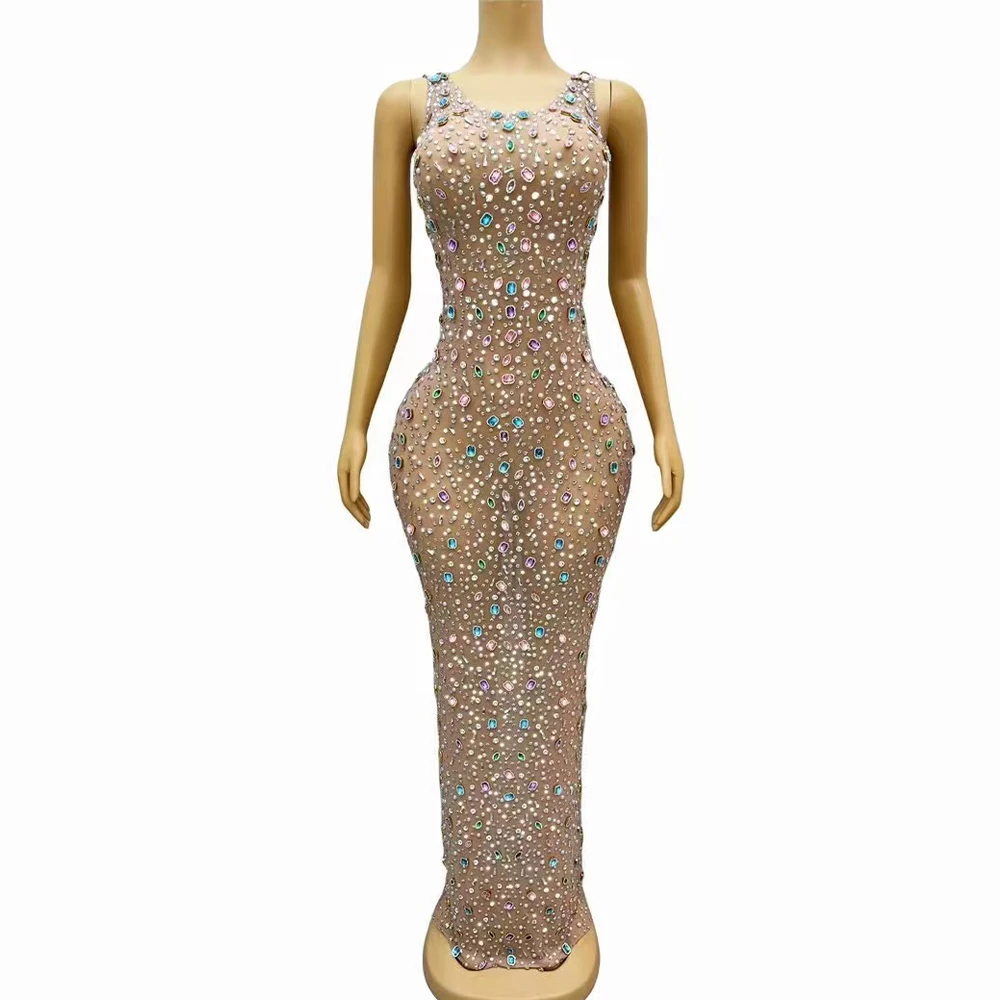 Summer Colorful Rhinestones Sleeveless Dress Birthday Sexy Stage Crystals Outfit Singer Wedding Graduation Photoshoot Costume