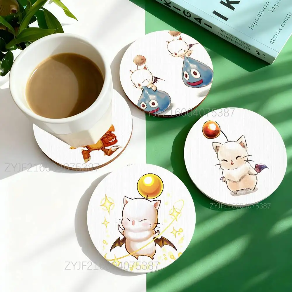 

F-Final Fantasy Moogle FF VII Pattern Art Coasters Round Wooden Heat Resistant Non-Slip Home Decor Gift Multifunctional