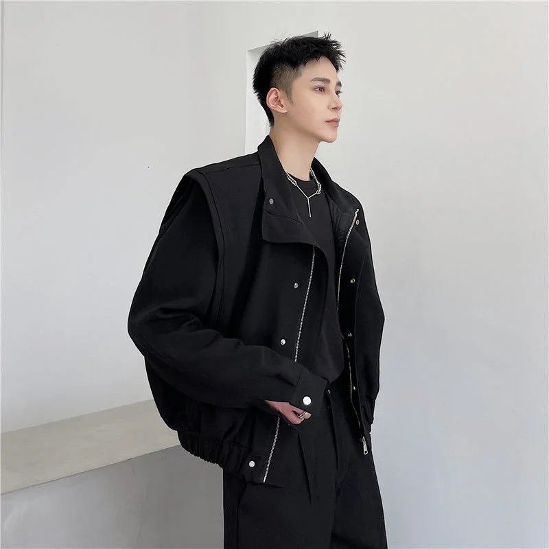 Design Men's Double Shoulder Pad Stand Collar Loose Short Jacket Black White 2022 Spring New Niche Coat For Male 2Y2330