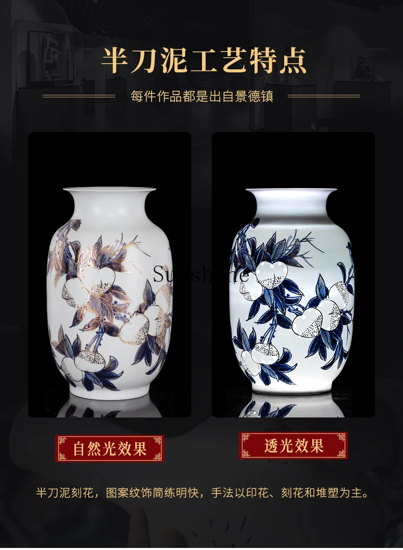 Ceramic blue and white, bottle new Chinese hand-painted, living room flower arrangement TV cabinet ornament gift