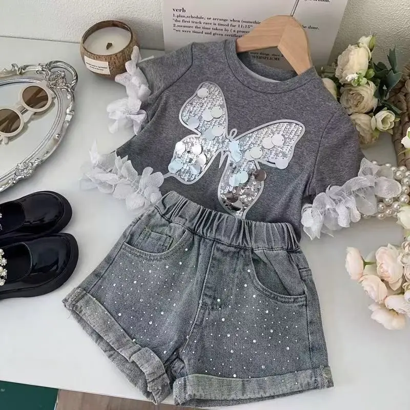 3-7 years Girls Clothes Sets Summer Baby Girl Children Cute Sequin Butterfly tee + Quality Denim Shorts 2-Piece Set