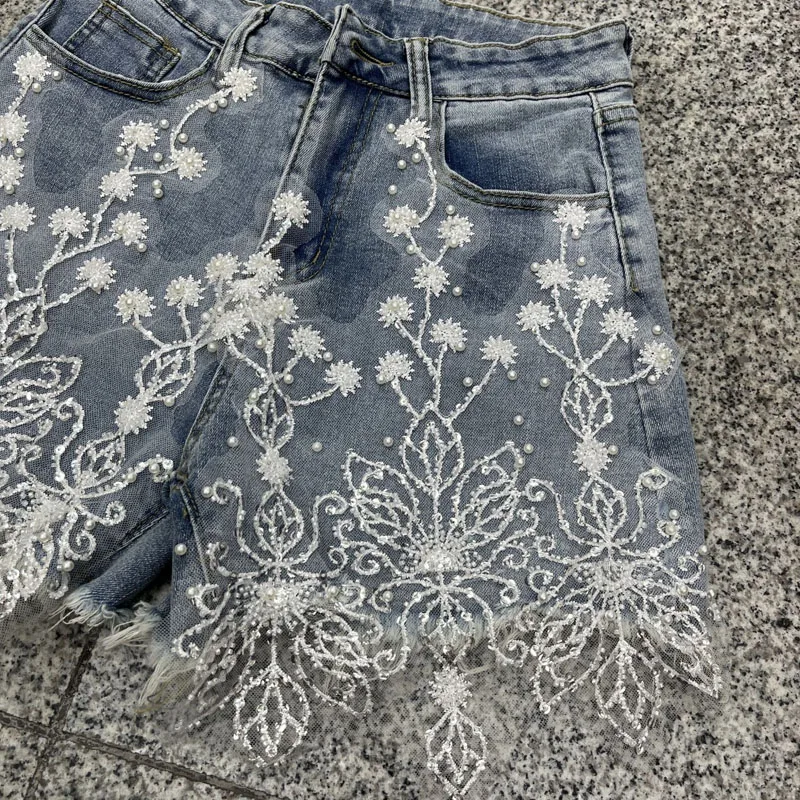 Women Flower Beads Sequin Denim Shorts Embroidery Mesh Hem Chic High Waist Washed Blue Wide Leg Hot Pants Fashion Jeans Shorts