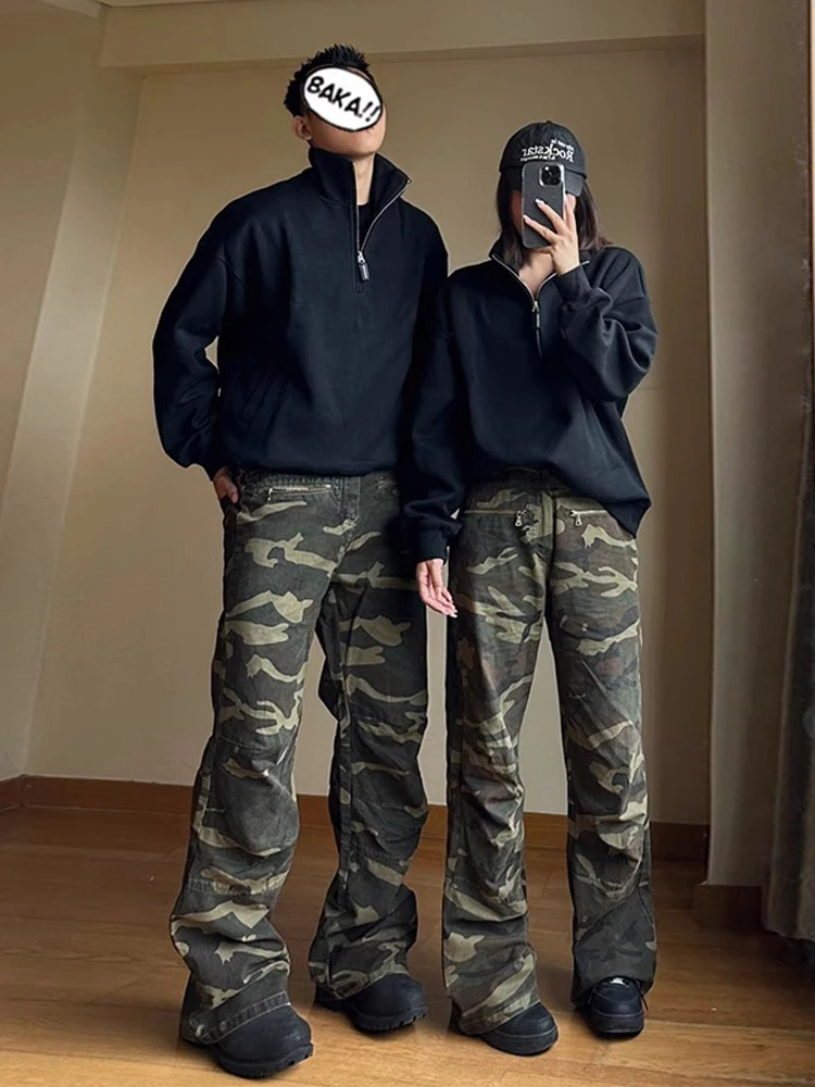 

Retro American Camouflage Jeans Men's Sli Straight Leg Jeans Couple's Trendy Brand Vintage High Waist Denim Jeans