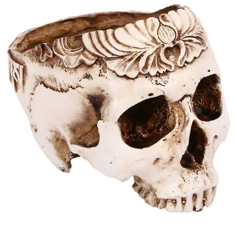 

A84E-Resin Skull Planter Flower Succulents Pot Carved Skeleton Flowerpot Sugar Cactus Planter Pots Holder Candy Bowl