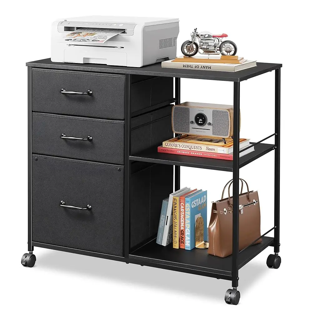 

3 Drawer Mobile File Cabinet, Rolling Printer Stand With Open Storage Shelf, Fabric Lateral Filing Cabinet Fits A4 Or Letter