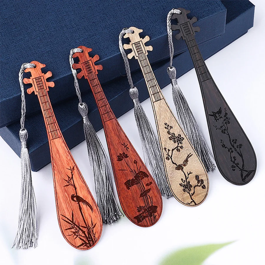 2pcs sandalwood pipa bookmark, creative wooden flower-and-bird guqin bookmark, gift for school students and teachers