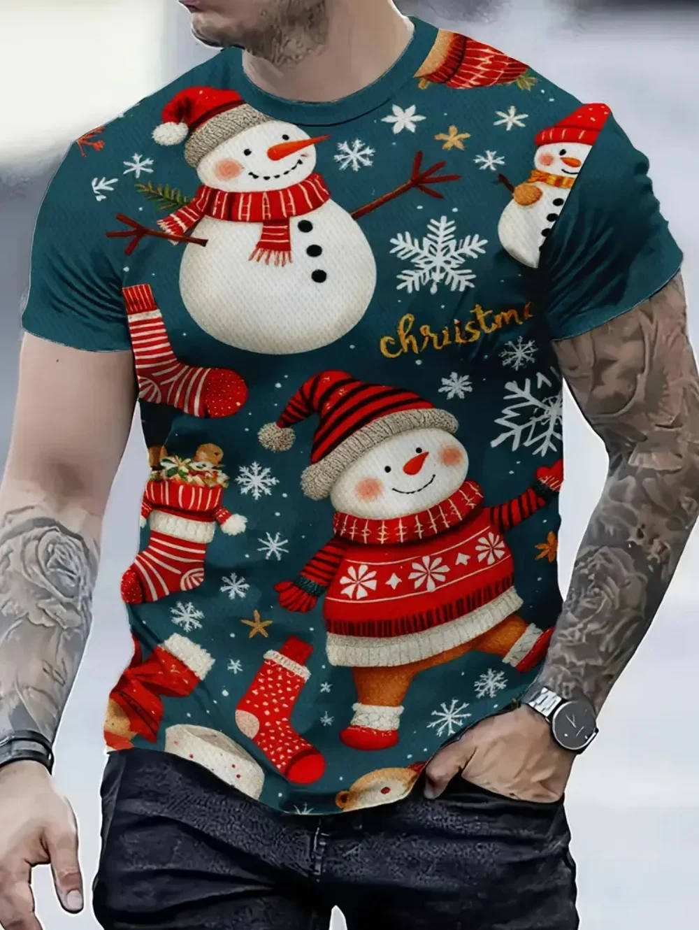 Weihnachts-Weihnachtsmann 3D-Druck T-Shirt für Männer, Lässiges Kurzarm-Shirt, Modisches O-Neck-Oberteil, Neujahrsgeschenk, Übergroßes T-Shirt – Detail 8