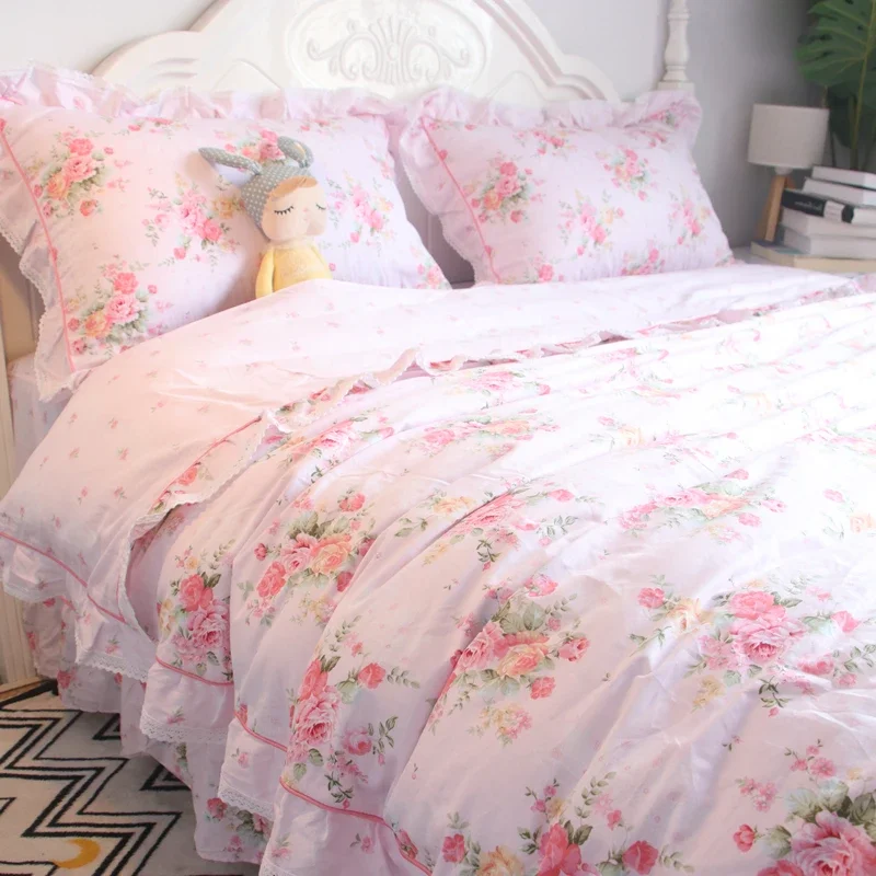 

Pastoral Korean version of girl's heart pink small floral quilt cover bed four-piece set pure cotton small fresh sheets