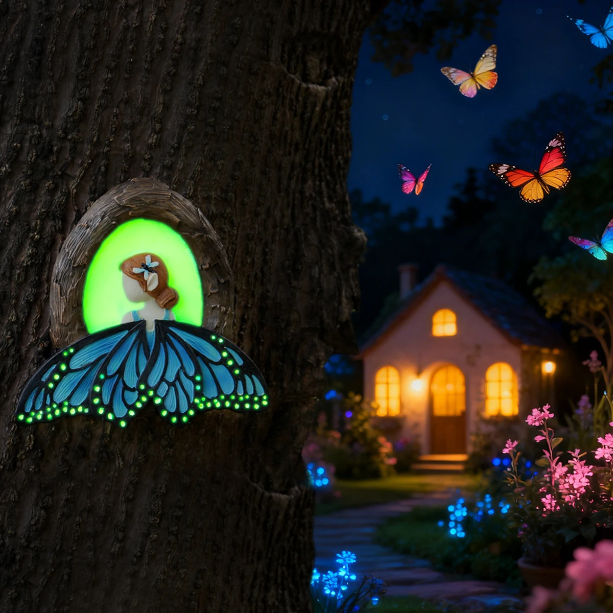 1 piece of fluorescent flower fairy tree hanging, fun fairy tale world garden decoration pendant, resin handicraft